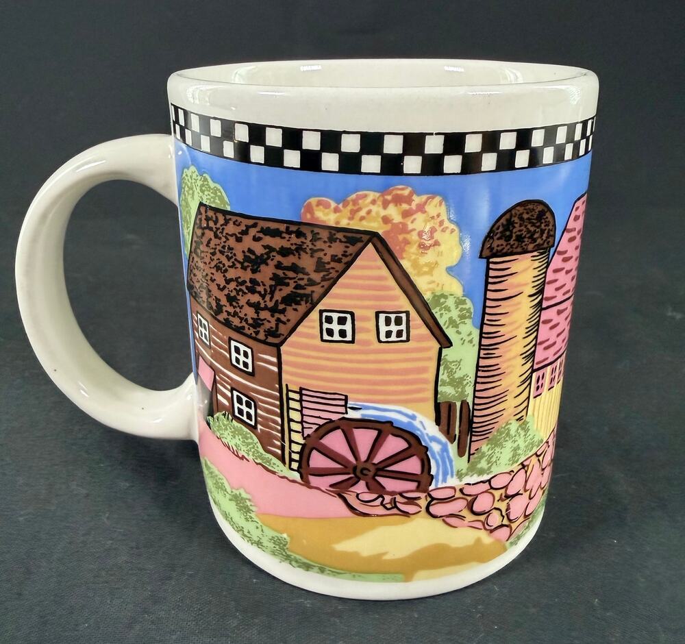 Vintage Gibson Housewares Cottage Scene Mug Farmhouse Water Mill Village 90s